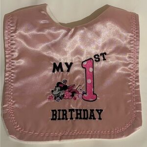 Vintage Pink Satin Minnie Mouse 'My 1st Birthday' Bib